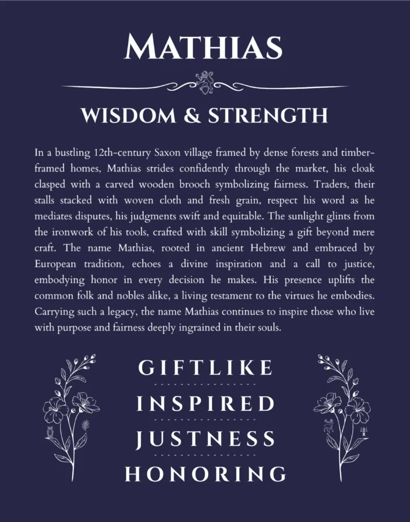 Mathias custom name art showing meaning and origin in navy blue