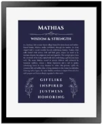 Mathias custom name art showing meaning and origin in navy blue with black matte frame