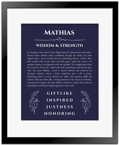 Mathias custom name art showing meaning and origin in navy blue with black matte frame