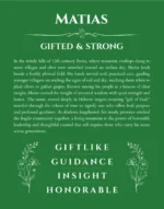 Matias name origin print with meaning and traits in dark green