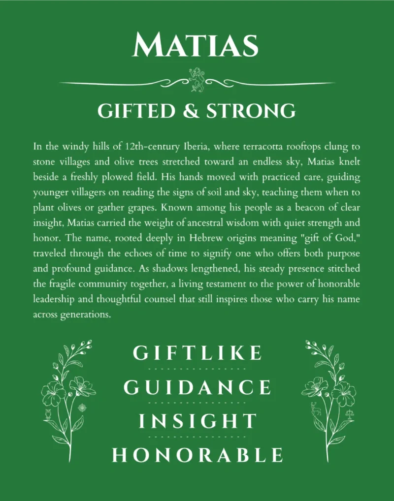 Matias name origin print with meaning and traits in dark green