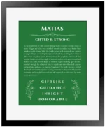 Matias name origin print with meaning and traits in dark green with black matte frame