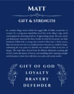 Matt personalized name art with origin story in deep blue
