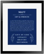 Matt personalized name art with origin story in deep blue with black matte frame