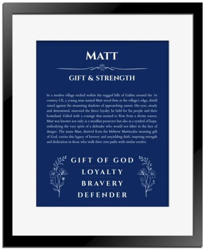 Matt personalized name art with origin story in deep blue with black matte frame