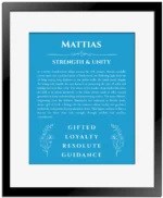 Mattias personalized name meaning print in blue with black matte frame