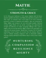 Mattie name origin print with meaning and traits in dark green