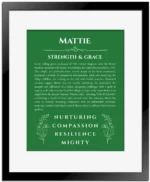 Mattie name origin print with meaning and traits in dark green with black matte frame