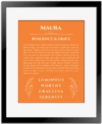 Maura personalized wall art with the story of your name in orange with black matte frame