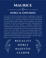 Maurice personalized name art with origin story in deep blue