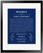 Maurice personalized name art with origin story in deep blue with black matte frame
