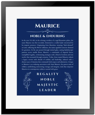 Maurice personalized name art with origin story in deep blue with black matte frame