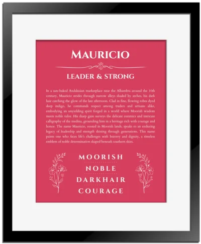 Mauricio personalized name art with origin story in red with black matte frame