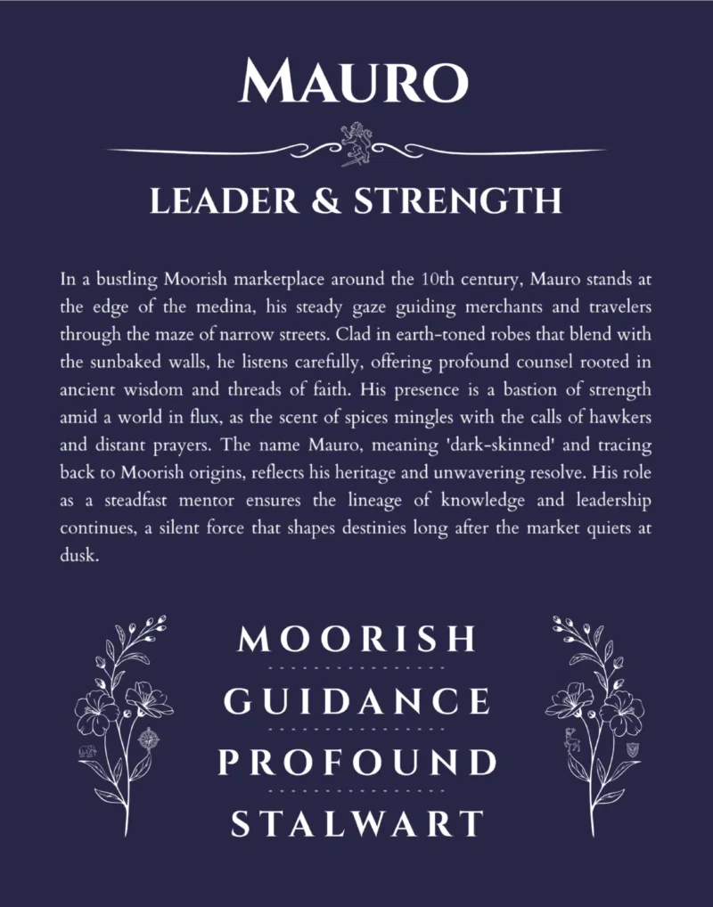 Mauro personalized name print with origin and traits in navy blue