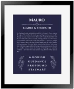Mauro personalized name print with origin and traits in navy blue with black matte frame