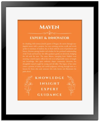 Maven custom name print for wall display in orange with black matte frame