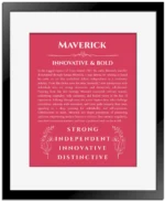 Maverick custom name art showing meaning and origin in red with black matte frame