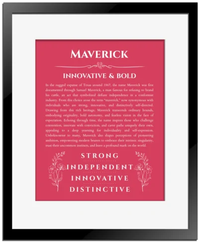 Maverick custom name art showing meaning and origin in red with black matte frame