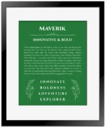 Maverik personalized wall art with the story of your name in dark green with black matte frame