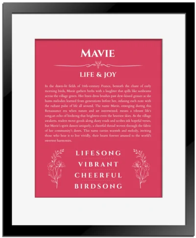 Mavie name meaning wall art by Get Your Story in red with black matte frame