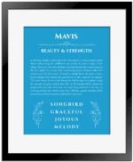 Mavis custom name art showing meaning and origin in blue with black matte frame