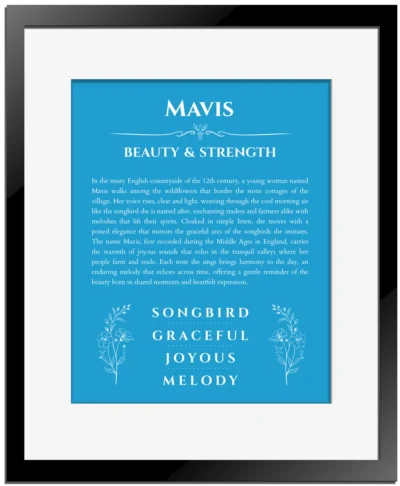 Mavis custom name art showing meaning and origin in blue with black matte frame