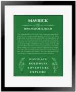 Mavrick name meaning gift print in dark green with black matte frame