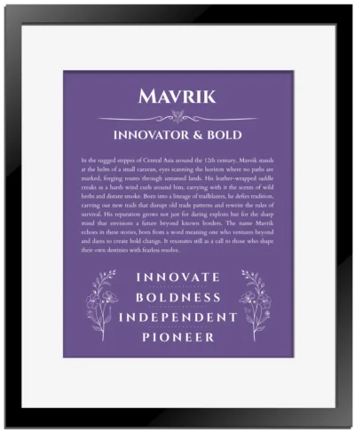 Mavrik personalized name meaning print in purple with black matte frame