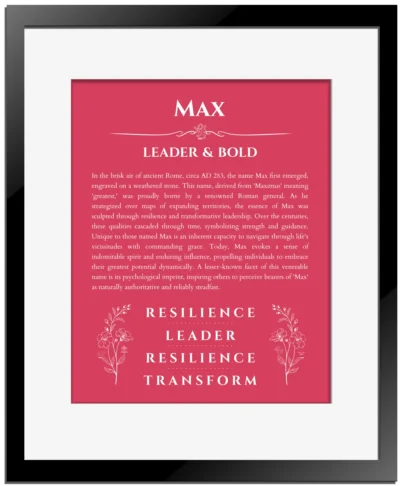 Max custom name meaning print in red with black matte frame
