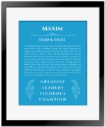 Maxim personalized wall art with the story of your name in blue with black matte frame