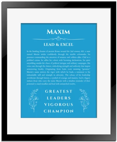 Maxim personalized wall art with the story of your name in blue with black matte frame