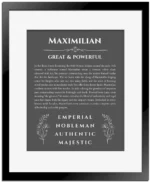 Maximilian custom name meaning print in gray with black matte frame