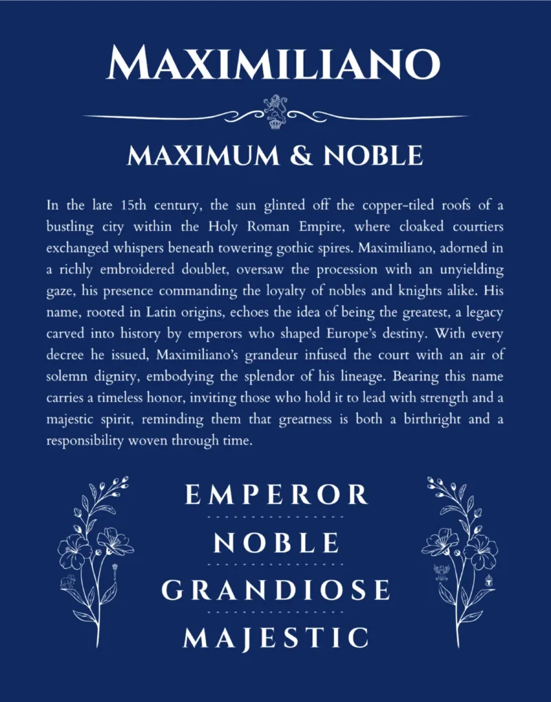 Maximiliano name origin print with meaning and traits in deep blue