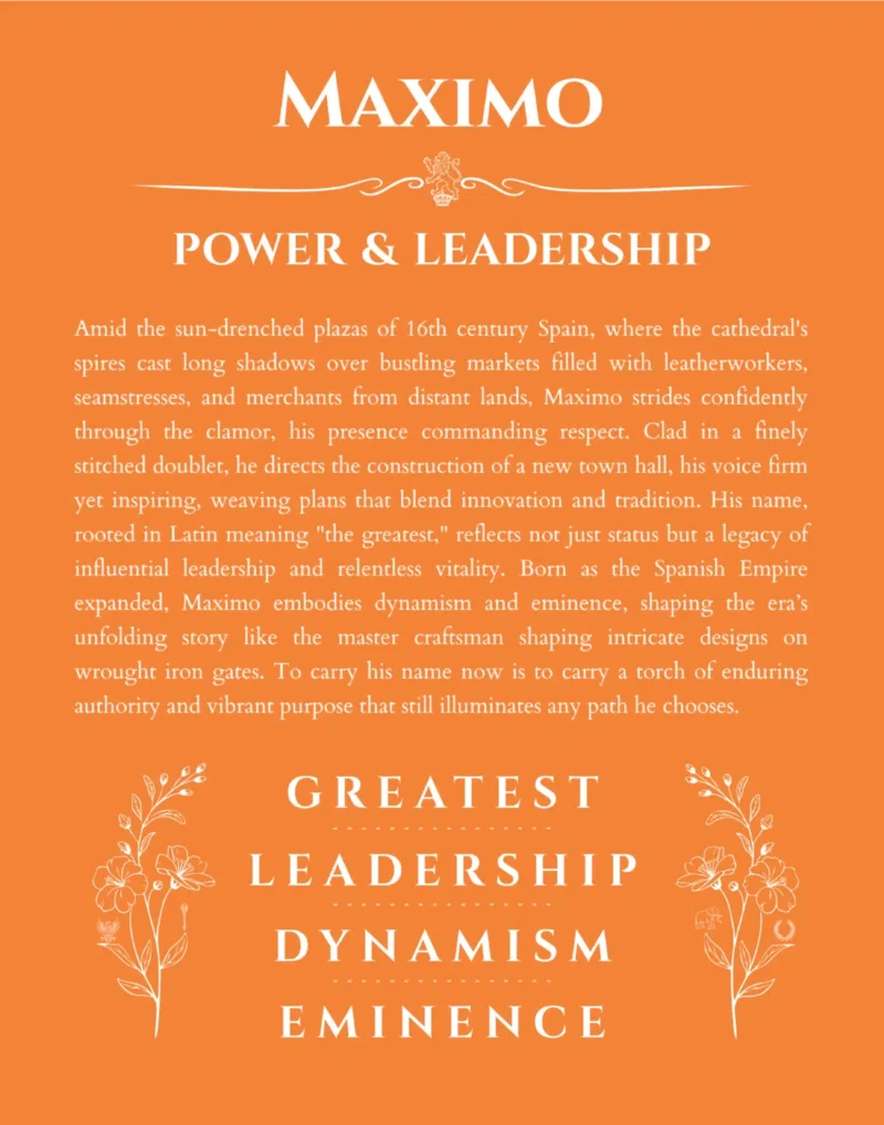 Maximo name origin print with meaning and traits in orange