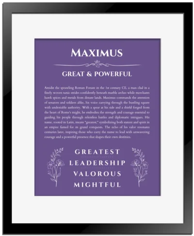 Maximus custom name print for wall display in purple with black matte frame