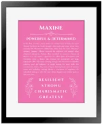 Maxine custom name print for wall display in pink with black matte frame