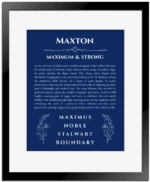 Maxton custom name print for wall display in deep blue with black matte frame