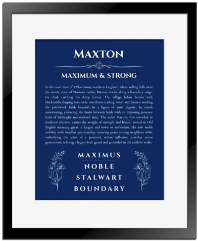 Maxton custom name print for wall display in deep blue with black matte frame