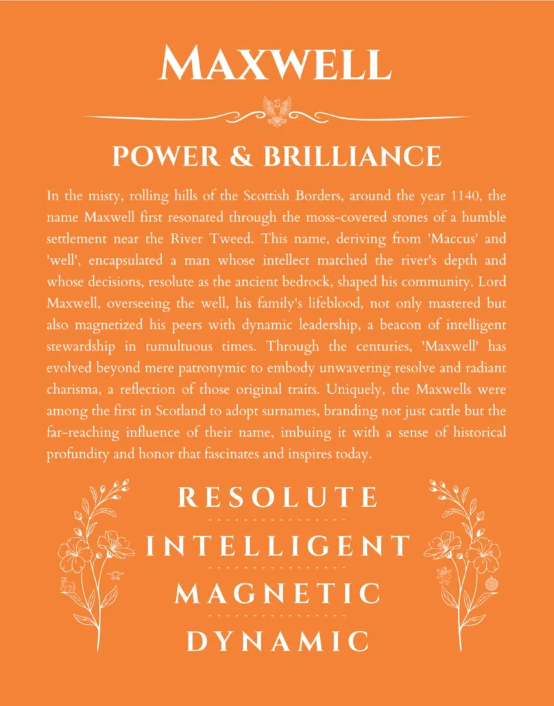Maxwell custom name art showing meaning and origin in orange