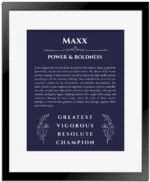 Maxx custom name art showing meaning and origin in navy blue with black matte frame