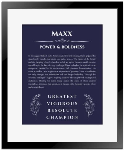 Maxx custom name art showing meaning and origin in navy blue with black matte frame