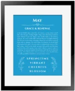 May custom name art showing meaning and origin in blue with black matte frame