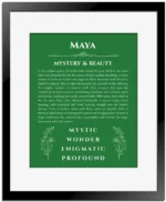 Maya personalized name meaning print in dark green with black matte frame