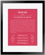 Mayah name origin print with meaning and traits in red with black matte frame