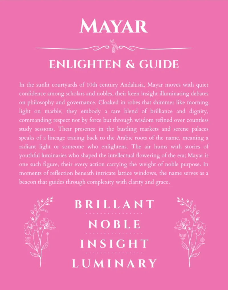 Mayar personalized name art with origin story in pink