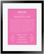 Mayar personalized name art with origin story in pink with black matte frame