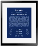 Mayer name meaning gift print in deep blue with black matte frame