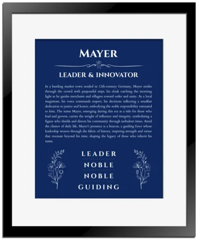Mayer name meaning gift print in deep blue with black matte frame