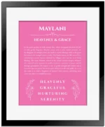 Maylani personalized name print with origin and traits in pink with black matte frame