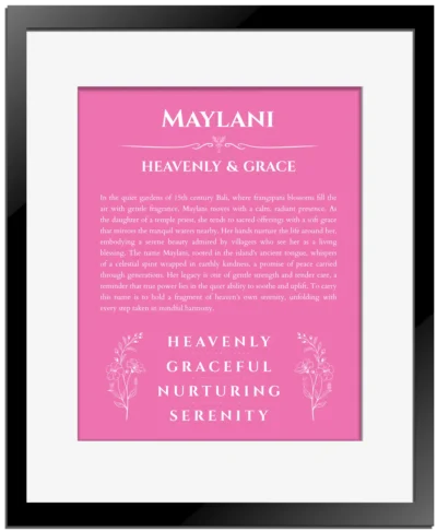 Maylani personalized name print with origin and traits in pink with black matte frame